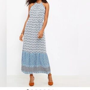 LOFT Blue and Navy Halter Border-Print Maxi Dress